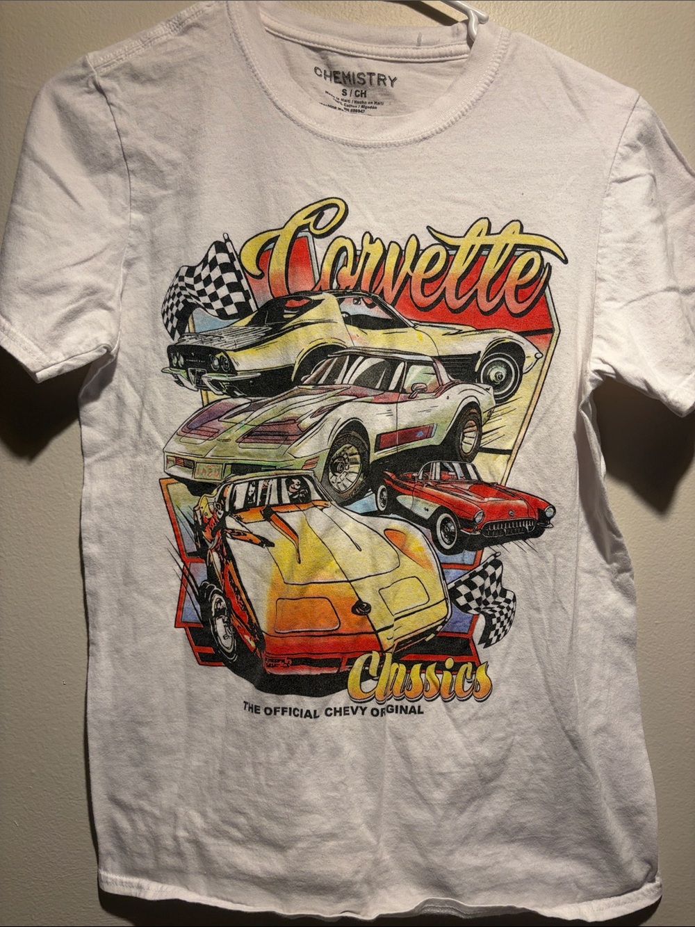 Chemistry White Corvette Classics Graphic Tee with Multicolor Car Art